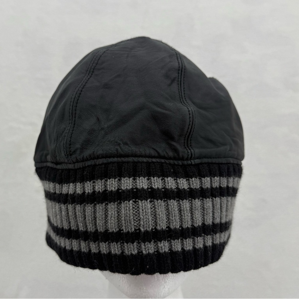 Black Leather Hat Trimmed With Grey Stripes Beanie Vintage